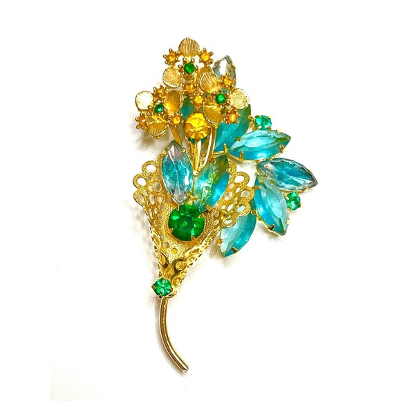 VINTAGE Brooch Blue Givre Rhinestone Vtg Flower Estate Costume Jewelry Pin AU06 - Picture 4 of 6